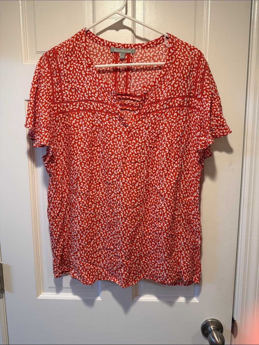 Daniel Rainn Red Heart-Print V-Neck Blouse with Flutter Sleeves